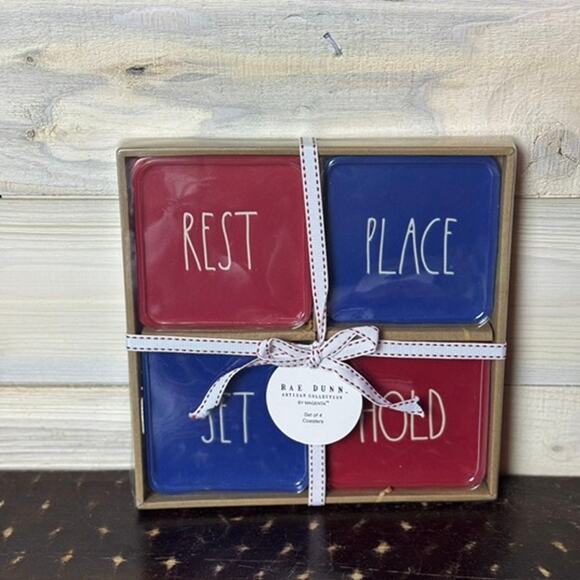 Rae Dunn Artisan Collection Coasters, Set of 4, Red and Blue - Picture 1 of 1